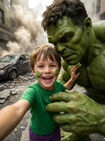 Фото в стиле «Селфи с Халком» нейросетью